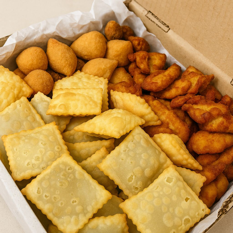 30 Salgados Festa + 30 Mini Pastéis + 400 gr de sem parar de frango e 1 Bebida à Escolha