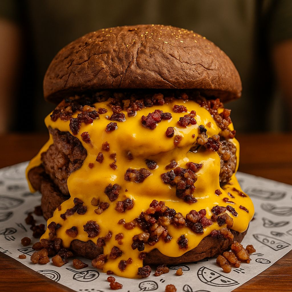 2 carnes de 100 g , com um melt de cheddar especial da casa e farofa de bacon no pão australiano .