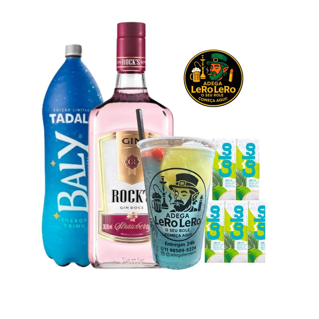 Combo de Gin Rock's: O Combo acompanha a garrafa + Energético 2L + Gelo de Sabor + Copo e Canudo.