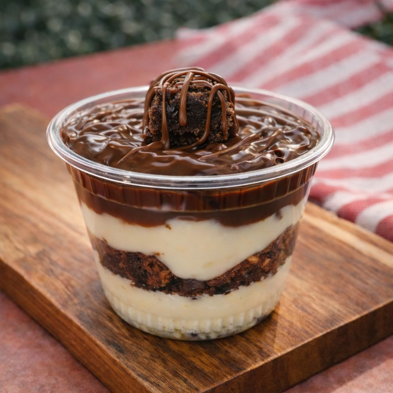 Um delicioso recheio de Ninho, pedaços de brownie, recheio de chocolate, finalizado com pedaços de brownie e Nutella por cima.. (Foto Real do nosso produto)