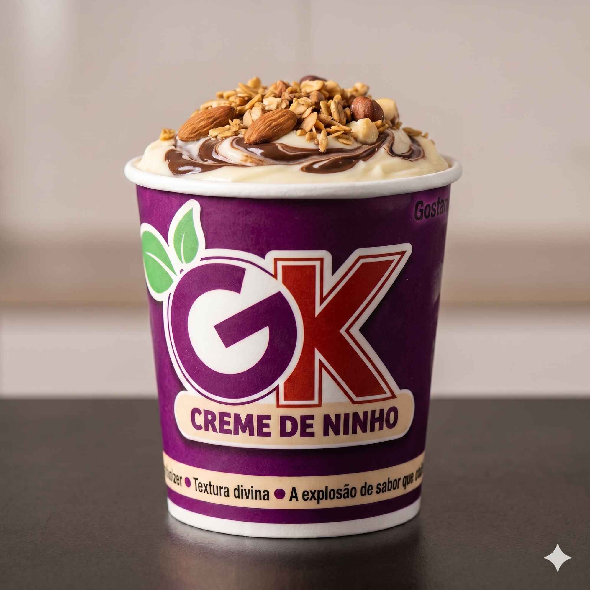 Descubra o padrão ouro do nosso CREME de Ninho Trunfado . Uma experiência gastronómica superior com textura divina e cremosidade incomparável, servida no nosso novo pote exclusivo GK. Criado para quem não abre mão da máxima qualidade e de um sabor intenso. Escolha os seus acompanhamentos selecionados e sinta a explosão de sabor em cada colherada. O açaí que você já ama, agora numa versão ainda mais sofisticada. no Pote de 470 ml