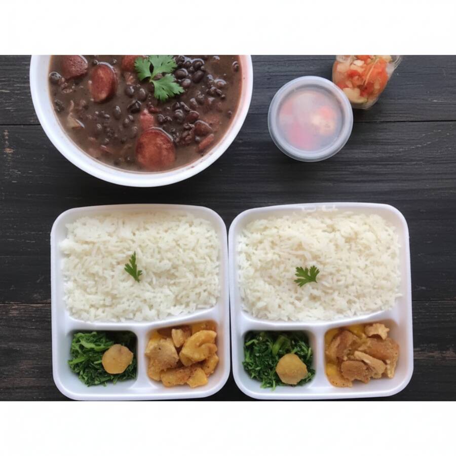 Carne seca, lombinho fresco, costelinha suína e linguiças calabresa e paio, todos com corte magro. Essa iguaria é acompanhada de arroz branco soltinho, couve refogada na manteiga, crocante torresmo, banana empanada crocante por fora e macia por dentro, e uma irresistível farofa preparada por nosso chef, com bacon. O prato é servido em um pote de 1 litro e 2 bandejas, perfeito para compartilhar (se