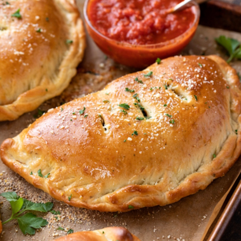 Calzone 35 cm – Preparado com a mesma massa de uma pizza de 35 cm, fechado ao meio no formato meia-lua, recheado com ingredientes selecionados e muito sabor. Uma explosão de queijo e recheio em cada pedaço!