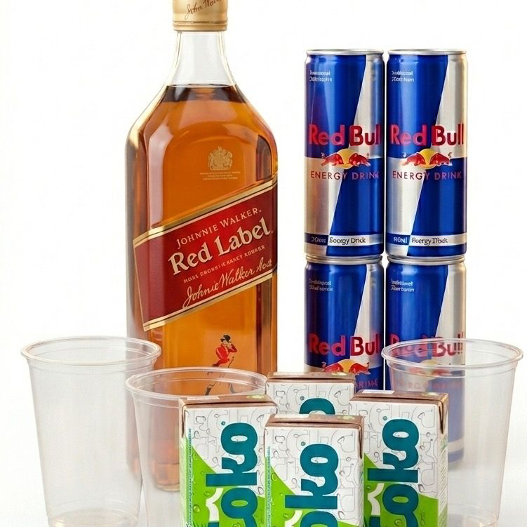 1x Whisky Red Label 1L
4x Red Bull 250ml
4x Gelo Sabor a escolha ( Mandar no pedido o sabor, tem coco, maracujá, maçã verde e melancia)
4x Copos 700ml