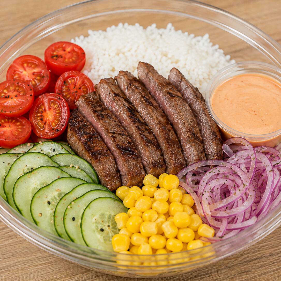 Arroz, picanha grelhada, tomate cereja, cebola roxa, pepino japones, milho e molho rose (500g com o molho)