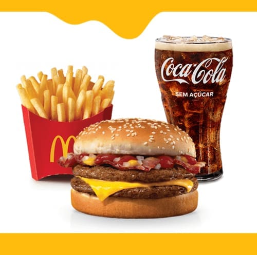 Dois deliciosos hambúrgueres de carne 100% bovina, queijo derretido e irresistíveis fatias de bacon, McFritas média e bebida