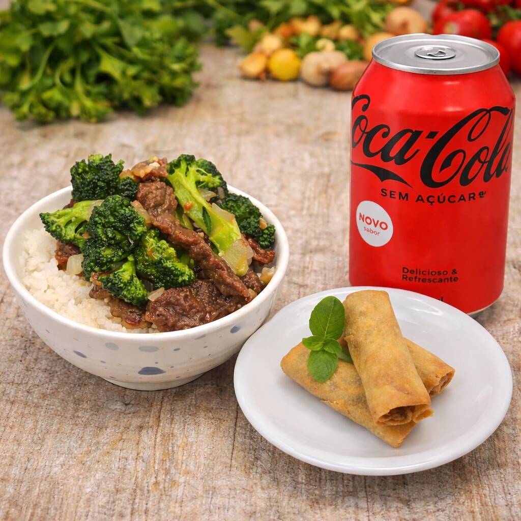 Mini Harumaki + Carne com Brocolis + Bebida