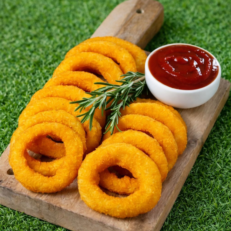 Porção de anéis de cebola fritinhas e sequinhas.