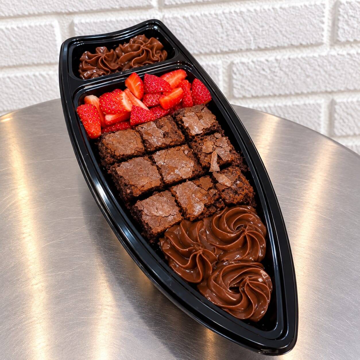 Nossa Barca choco Belga tem 9 pedaços de Brownie , com morangos e um delicioso Brigadeiro Cremoso. Já inclua no seu pedido.