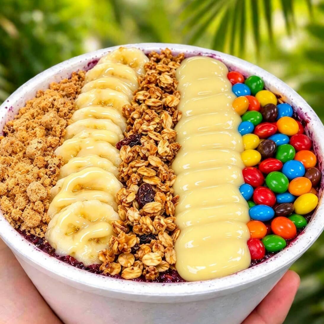 Açaí gourmet, banana,leite em pó, mm, paçoquinha, granola e leite condensado.