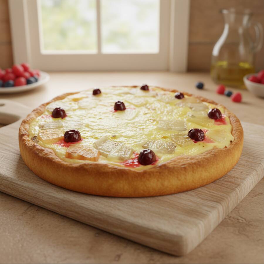 Leite condensado, banana, canela em pó, açucar, mussarela e cereja