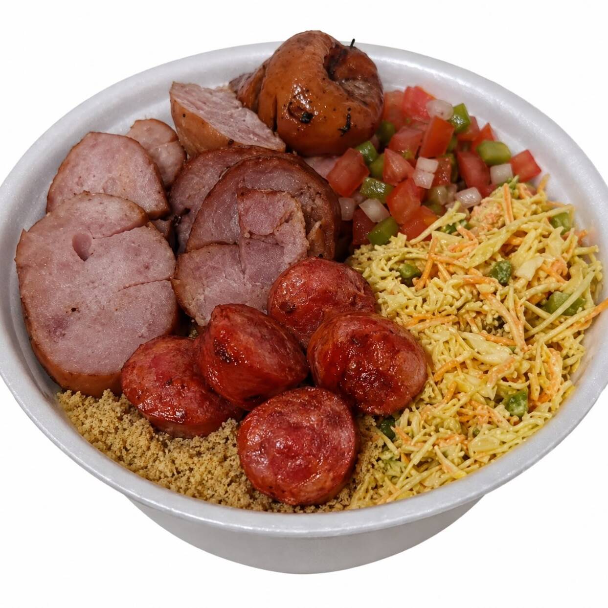 Acompanha: linguiça mineira, linguiça Toscana, calabresa, arroz, salpicão, farofa e batata frita