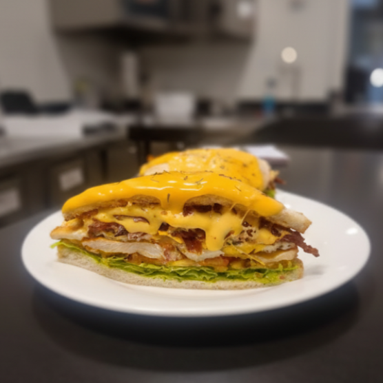 File de frango, queijo, ovo, bacon, maionese, tomate e alface