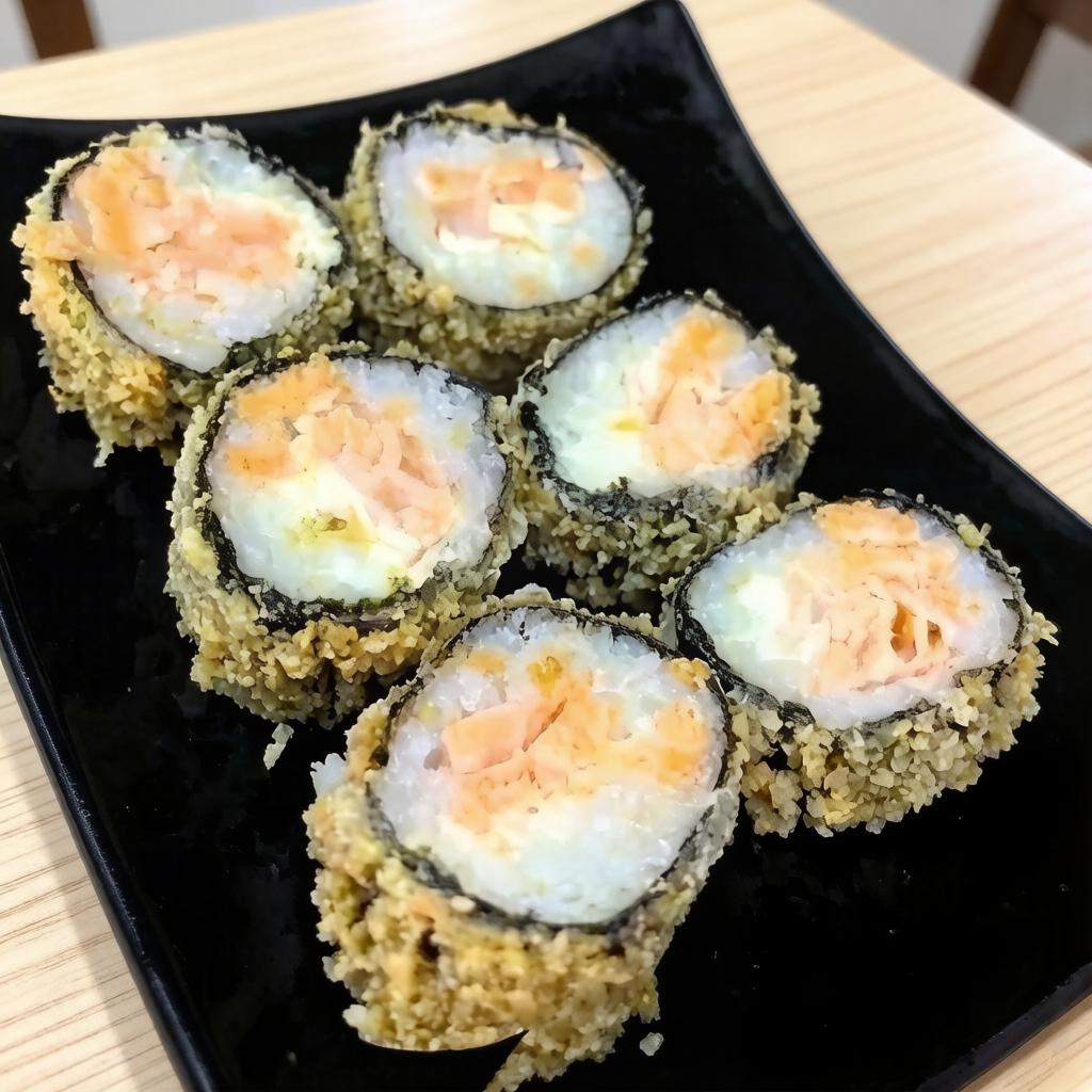 SALMÃO E CREAM CHEESE EMVOLTOS POR ARROZ, FINA CAMADA DE ALGA E CASQUINHA FRITA.