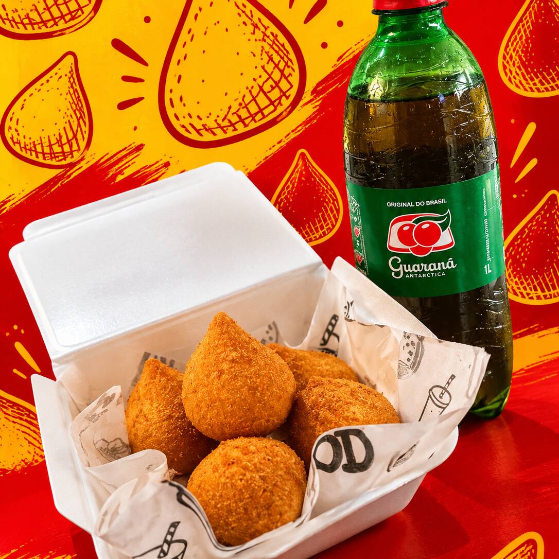 5 Coxinha de frango com aproximadamente 80gramas+ guaraná antártica de 1 litro!