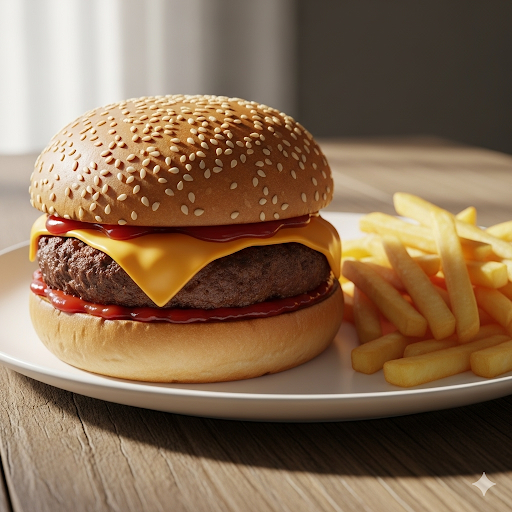 Hamburguer artesanal de 130g no pão de gergelim com ketchup, queijo cheddar e batata frita