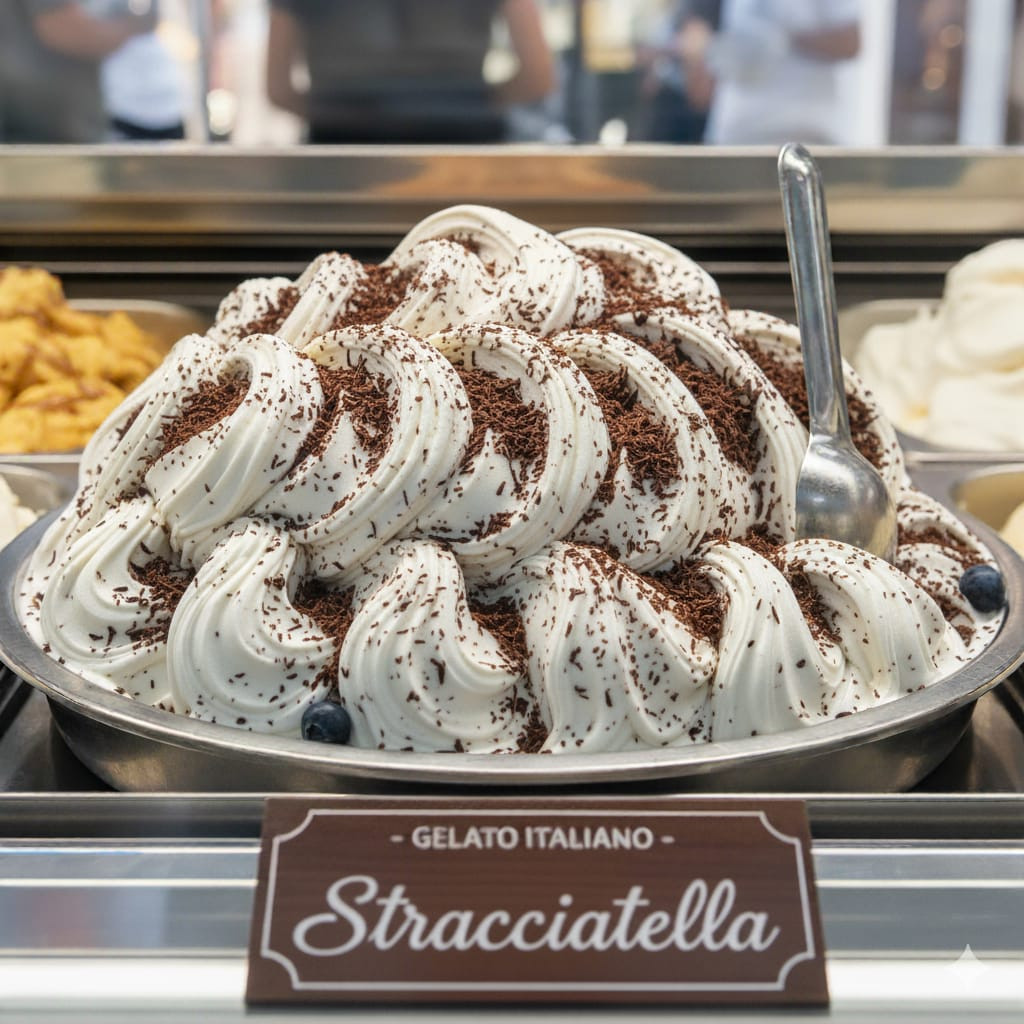 Clássico e irresistível! Feito com base cremosa de leite, creme de leite e baunilha, nosso gelato de stracciatella ganha um toque especial  de chocolate ao leite que se derretem na boca. Um sabor tradicional italiano, elegante e perfeitamente equilibrado entre o doce e o chocolate. (Imagem meramente ilustrativa)