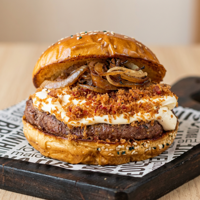 nosso delicioso burguer de cupim com cream chesse cebola caramelizada bacon pao brioche mana entrega gratis rapida