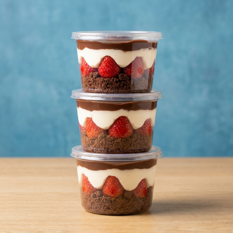 Massa de chocolate, Recheio Brigadeiro ,Morango e Mousse de Ninho Morango (Pedaços)250 ml