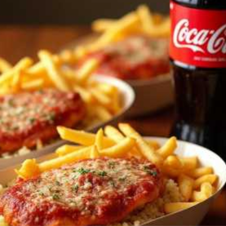 combo99 promocional 2 marmita do nosso queridinho e irresistível frango parmegiana e 2 coca 200ml serve muito bem duas pessoas, e com um ótimo desconto e entrega grátis não da para perde, e o melhor chega em 15 a 20 minutos ate você aproveite,