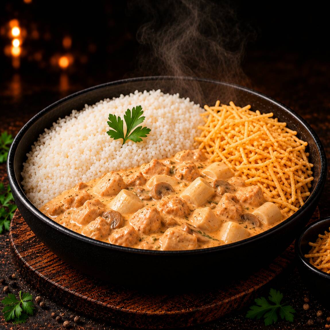Frango macio e suculento em um molho cremoso e irresistível, combinado com pedaços de palmito para deixar cada garfada ainda mais saborosa. Uma combinação leve, cremosa e deliciosa! Acompanha batata palha.