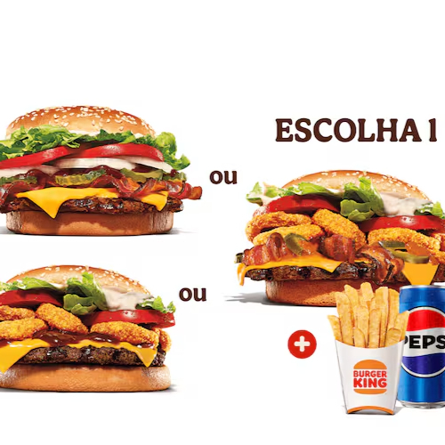 Escolha 1 sanduíche entre Whopper, Whopper Vegetariano, Whopper Duplo, Whopper Furioso, Whopper Rodeio, Whopper Barbecue Bacon ou Whopper Junior + 1 Batata + 1 Bebida