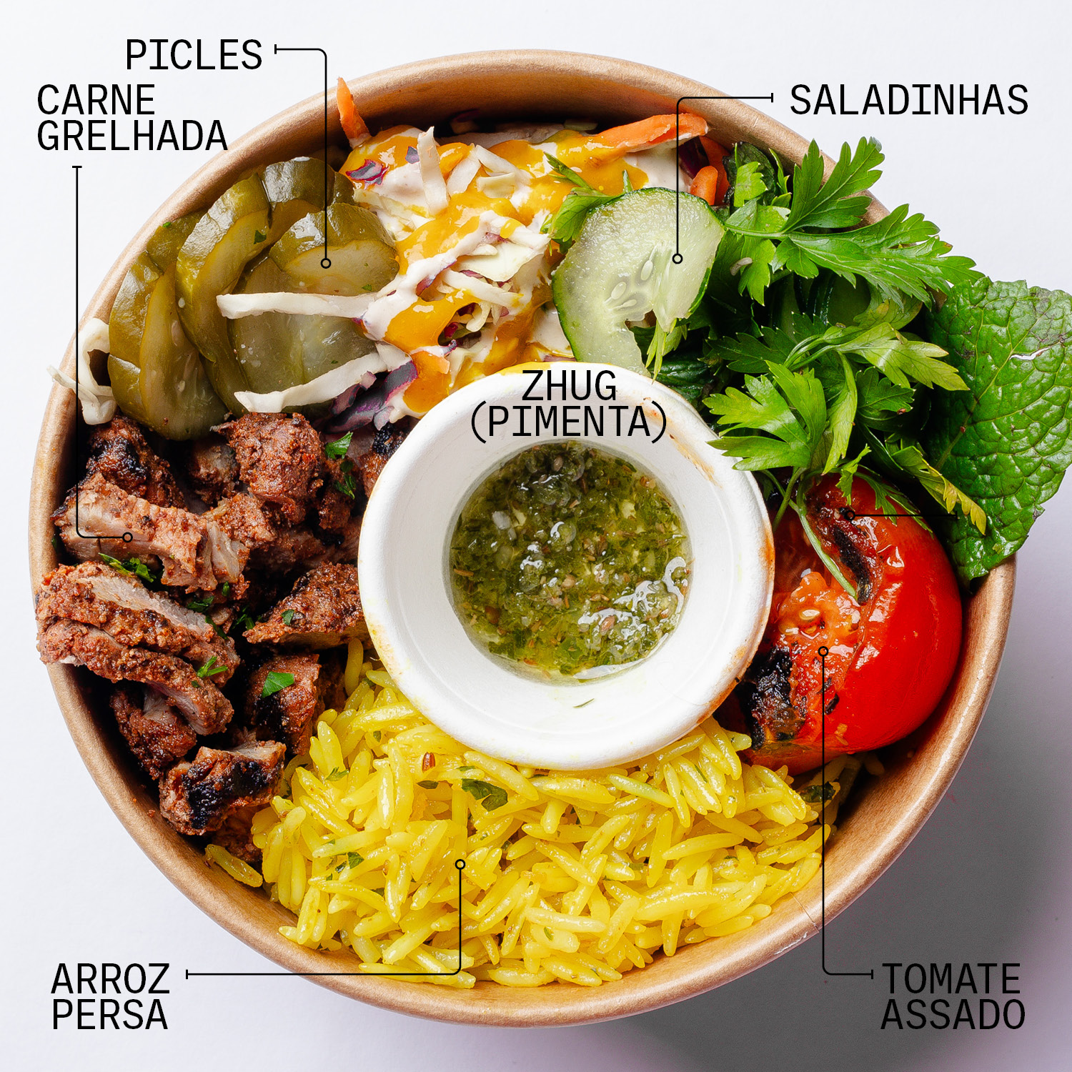 ARROZ PERSA, CARNE, PICLES, TOMATE ASSADO, MOLHO TAHINE + AMBA, ZHUG, SALADA BOWL