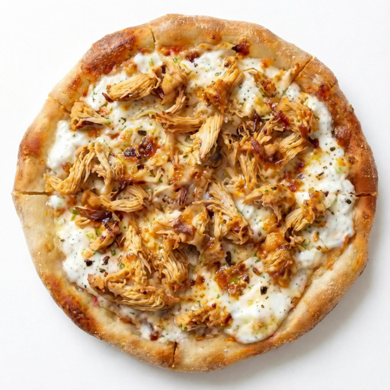 Deliciosa pizza com fatias de frango com requeijão cremoso suculenta e queijo derretido.