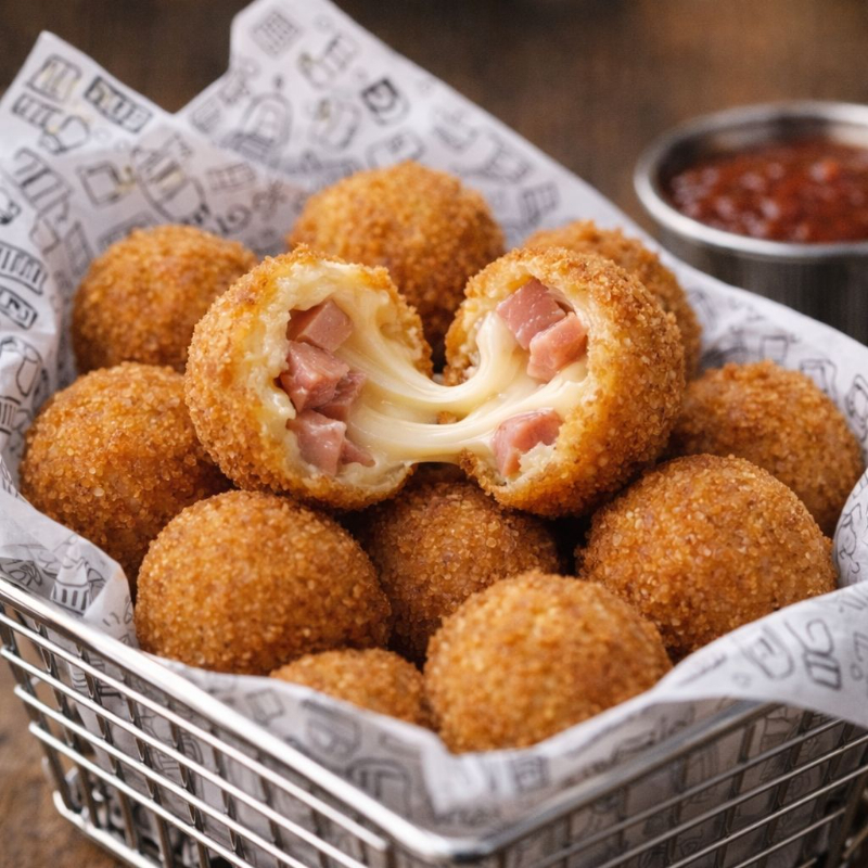 25 unidades de bolinhas de queijo com presunto fritas na hora.