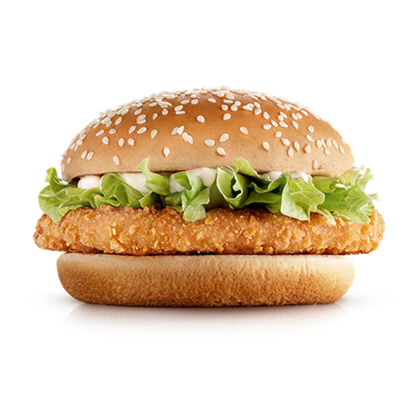 Frango empanado, maionese, alface americana e pão com gergelim.
