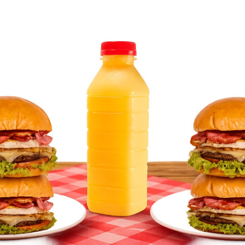 4. X-Tudo (Pão, carne, queijo, ovo, calabresa, bacon, presunto, salada (alface, pepino e tomate) e batata palha) + 1. Garrafa de suco natural de Maracujá 1LT
(Imagem ilustrativa)