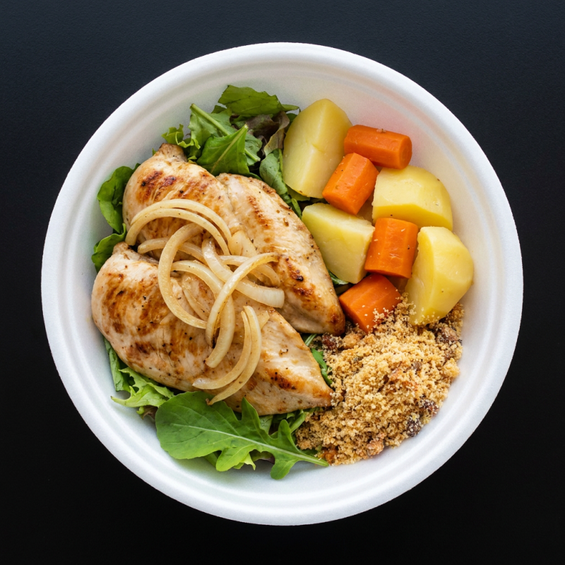 Delicie-se com nosso suculento 'Frango Grelhado com Legumes'. Este prato, cuidadosamente elaborado, apresenta um frango perfeitamente grelhado, exalando aromas convidativos e sabor inigualável. Acompanha uma seleção nutritiva de legumes frescos, adicionando um toque colorido e crocante ao prato. Além disso, oferecemos grãos de arroz bem temperados, feijão caseiro riquíssimo em sabores tradicionais, uma salada fresquinha e vibrante para equilibrar a refeição, e a nossa irresistível farofa crocante. Uma combinação perfeita para uma refeição balanceada e saborosa!