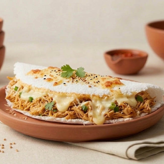 Tapioca recheada com frango desfiado cremoso queijo,Catupiry, perfeita para um lanche rápido.