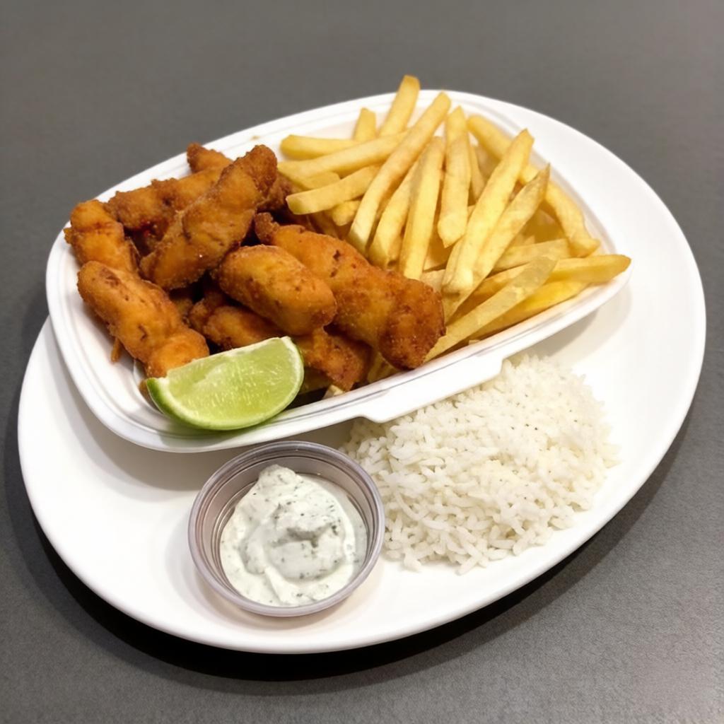 Tiras de frango empanada c/fritas acompanhada de nosso delicioso arroz branco e nosso suculento molho de alho. Servindo 2 pessoas