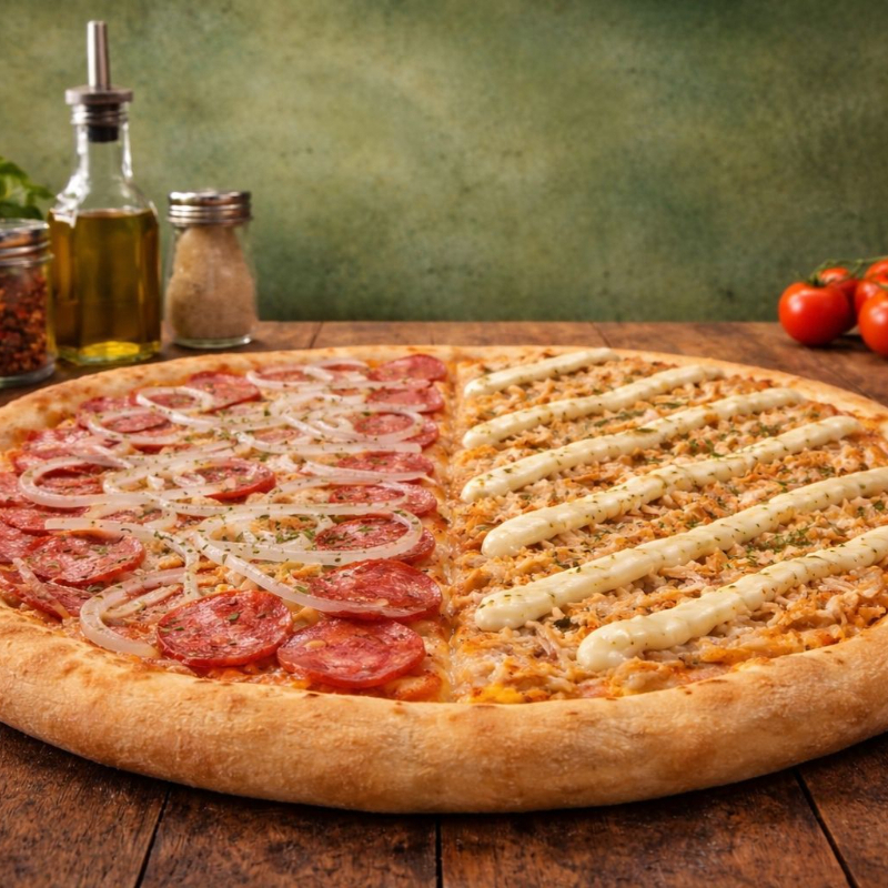 1 PIZZA GRANDE MEIA CALABRESA MEIA FRANGO COM REQUEIJAO