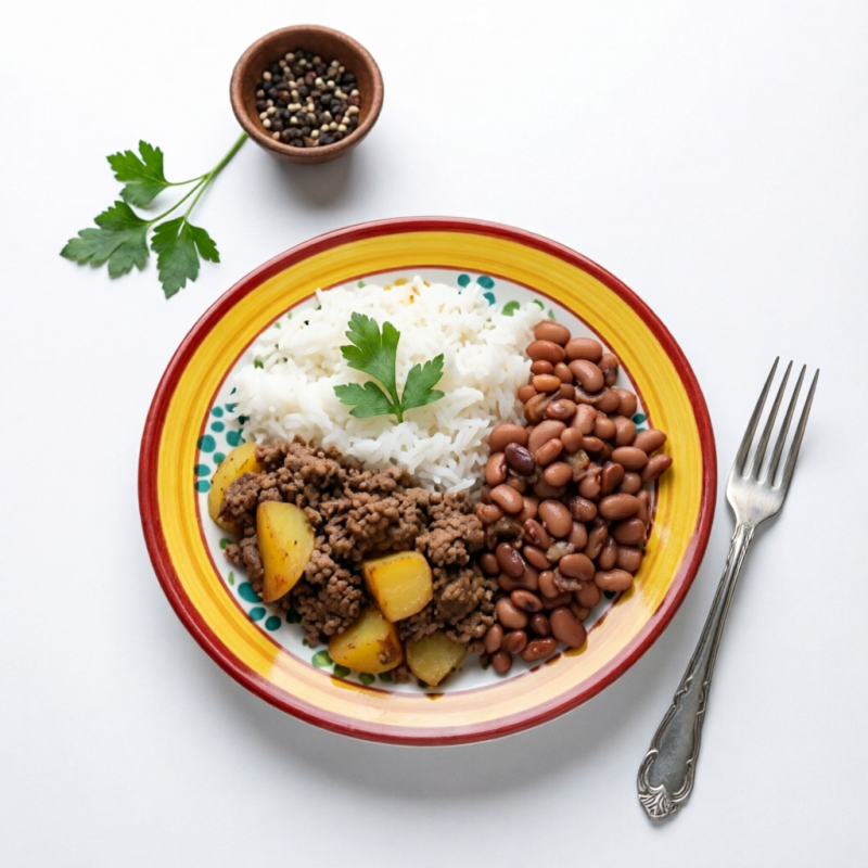 Carne Moída com Batata, Arroz e Feijão
