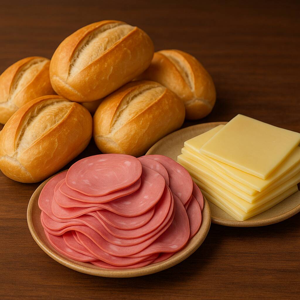 🥖 6 pães franceses 🧀 100g de queijo mussarela 🥩 100g de mortadela defumada