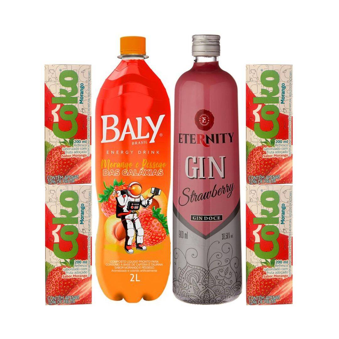 Garrafa de Gin Eternity Morango 900ml, Baly 2L, 4 Gelos, 4 Copos de 770ml