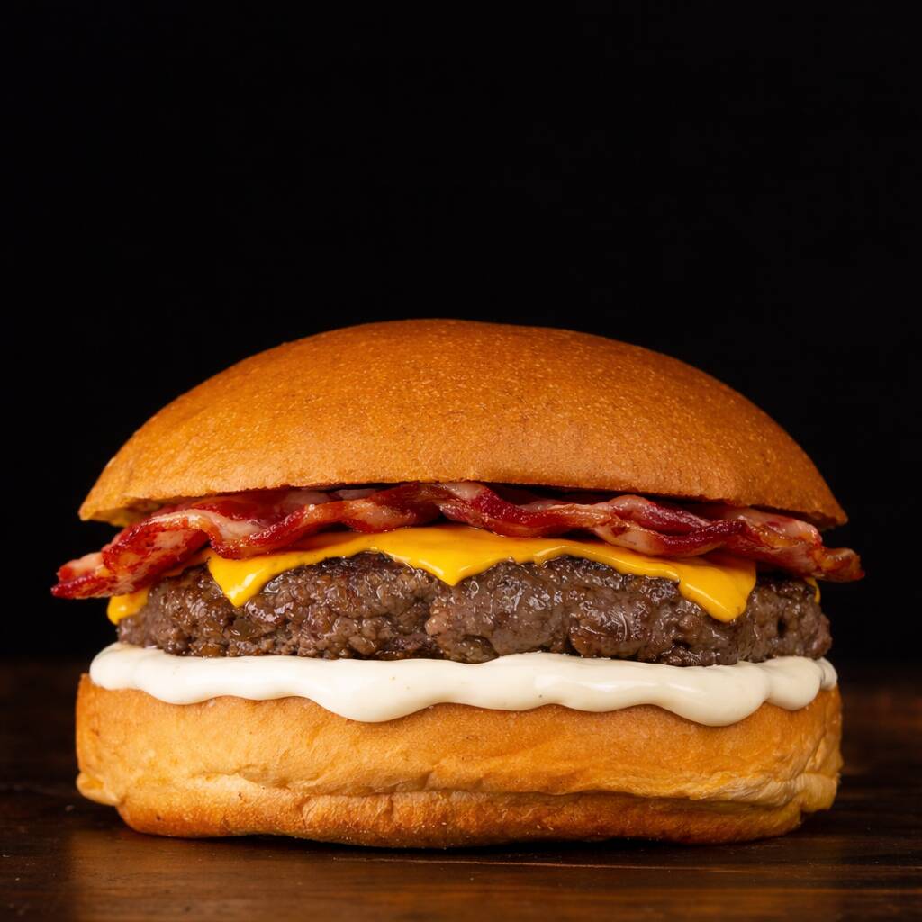 Clássico! Pão brioche, Hambúrguer artesanal de 80g defumado, Bacon, queijo cheddar derretido e maionese da casa. Preço promocional!