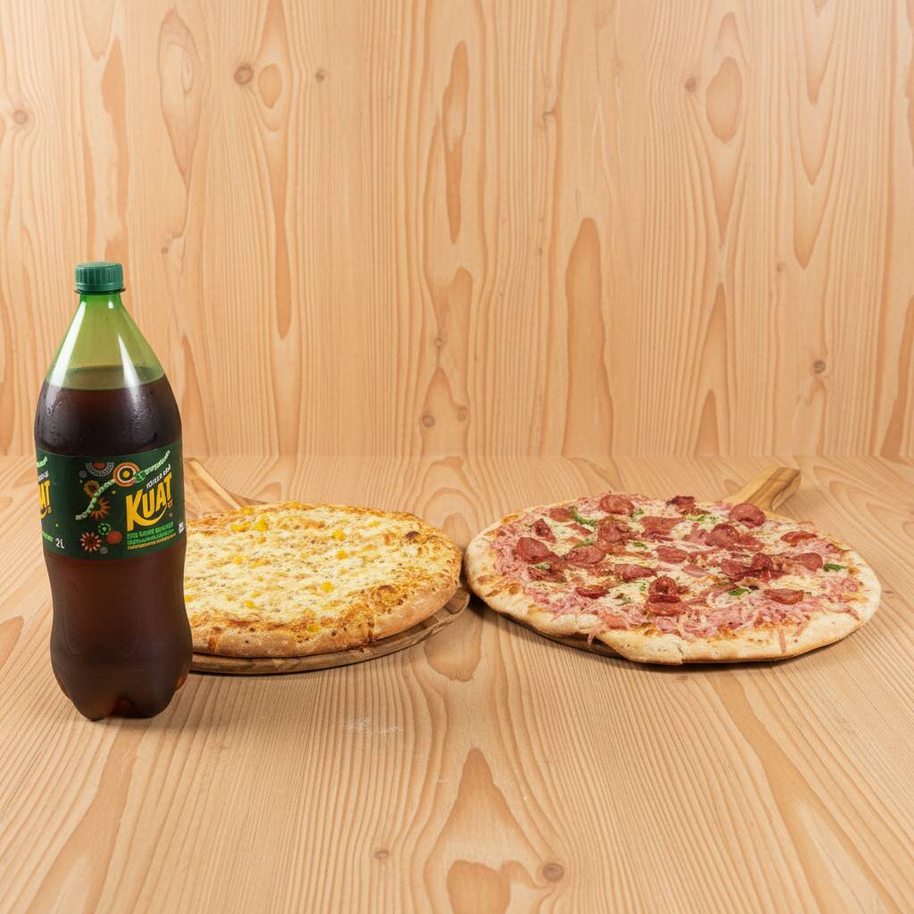 Duas pizzas de 35cm mais Kuat 2l, sabores ja escolhidos.