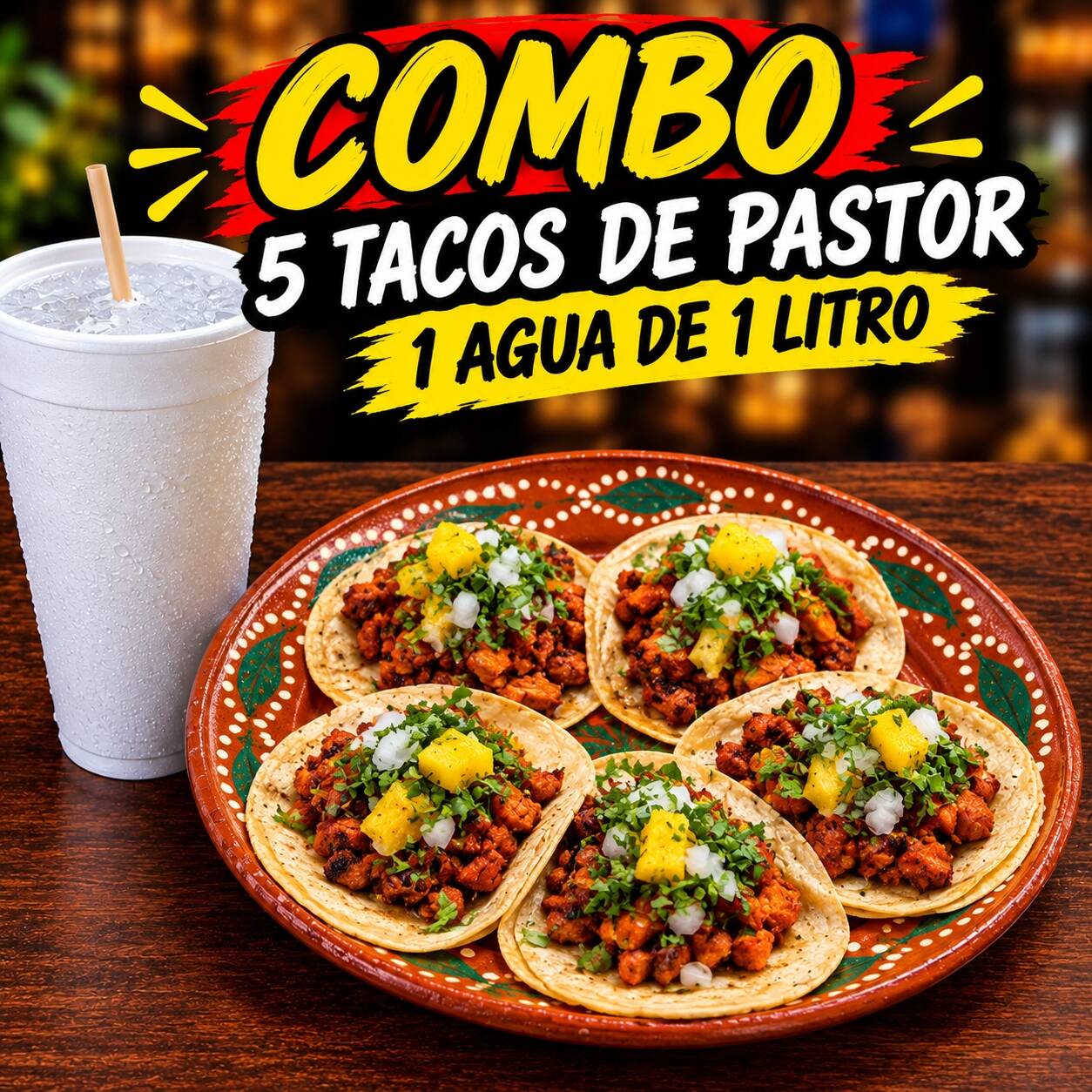 Combo 5 Tacos de Pastor + Agua Lt
