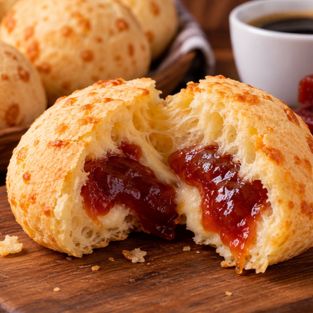 Pão de queijo quentinho recheado com uma deliciosa goiabada