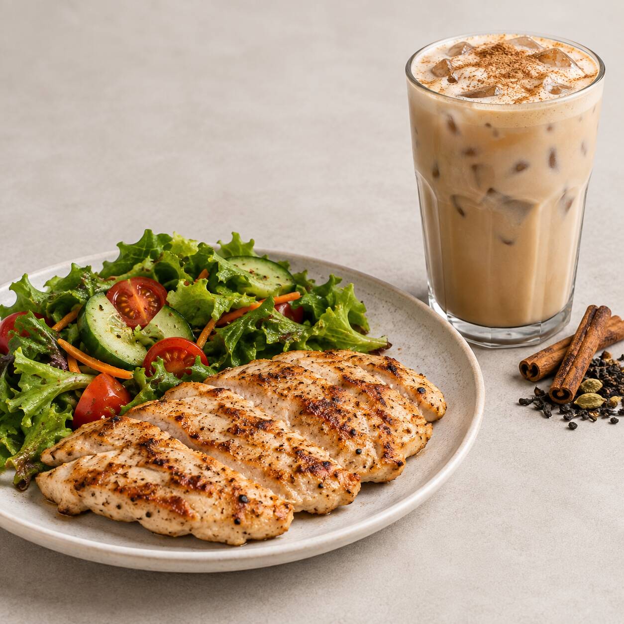 Combos pollo a la plancha con chai latte frio