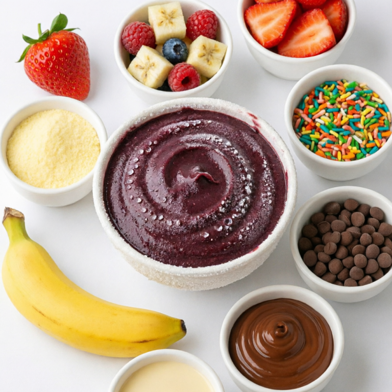 Nosso delicioso creme de açaí é preparado com textura cremosa, sabor marcante e aquele toque refrescante que só o verdadeiro açaí tem. E para ficar ainda mais irresistível, você pode escolher 5 acréscimos à sua escolha entre frutas frescas, coberturas e ingredientes especiais.