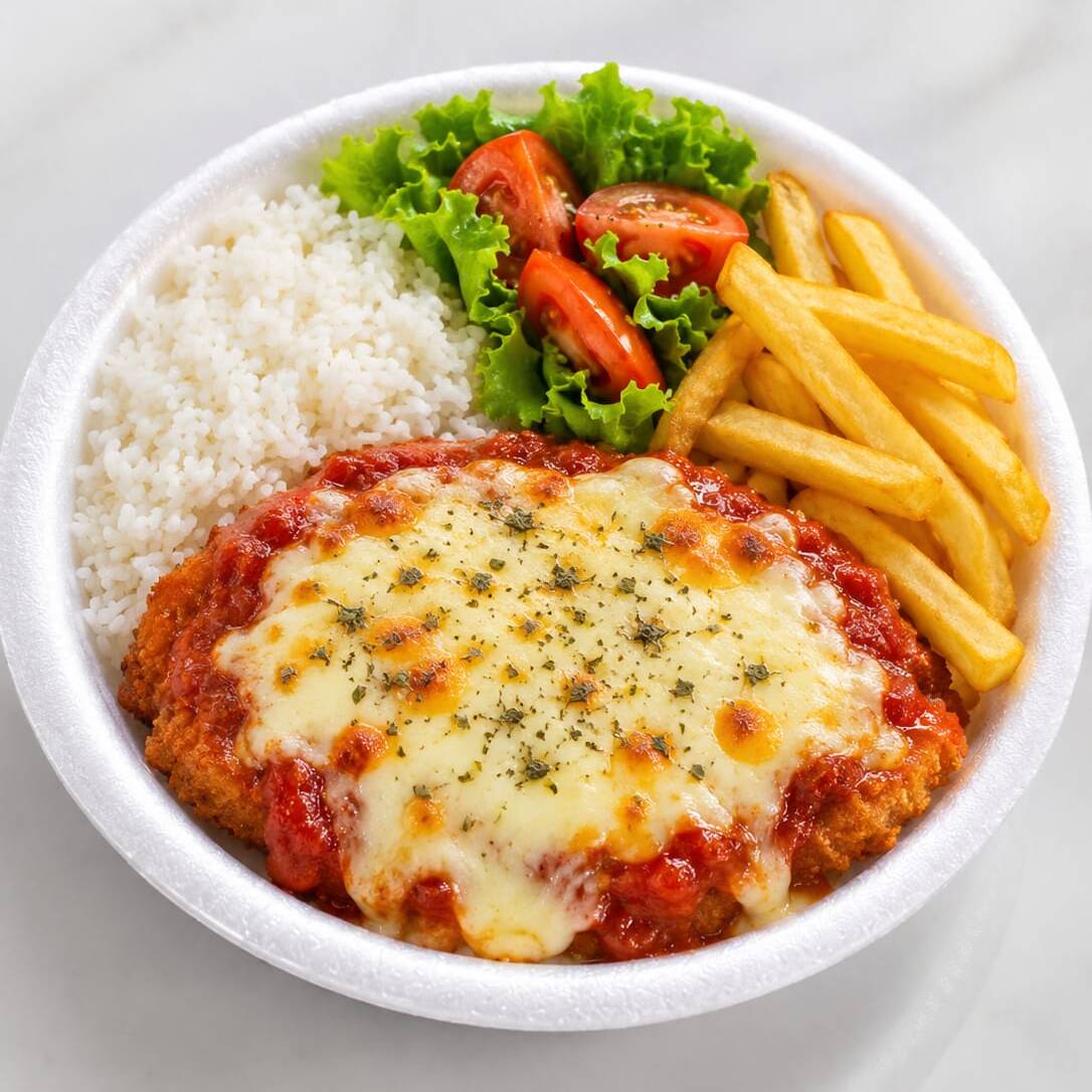 Bife à parmegiana de frango empanado, coberto com molho de tomate e queijo derretido, acompanhado de arroz, batata frita e salada. Porção aproximada de 600 g.