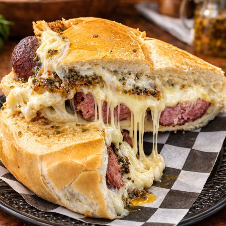 Pão francês fresquinho, linguiça mineira suculenta, muito queijo meia cura derretido, maionese da casa e chimichurri artesanal. Bem recheado, quente e com sabor mineiro de verdade.