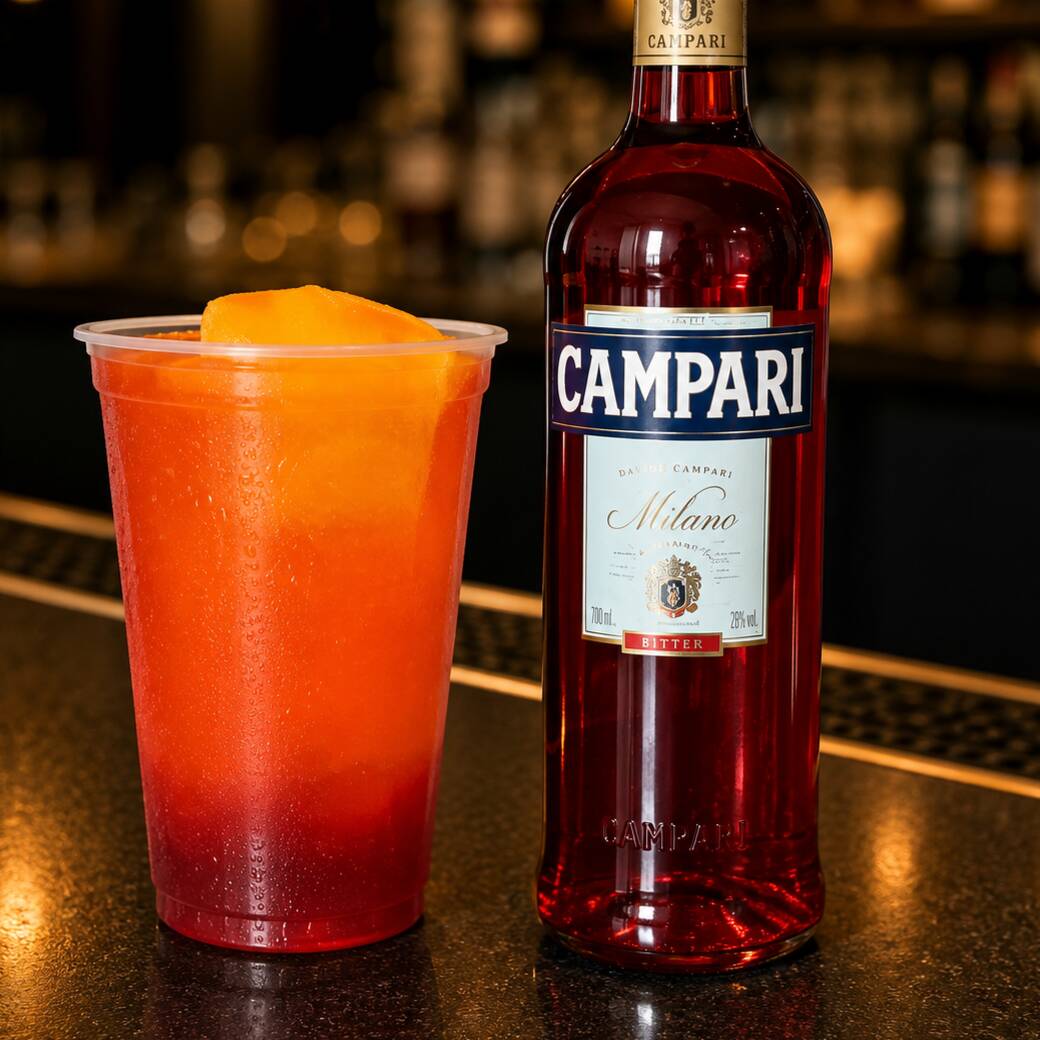 Refrescante e equilibrado, preparado com Campari, gelo e sua escolha de acompanhamento.