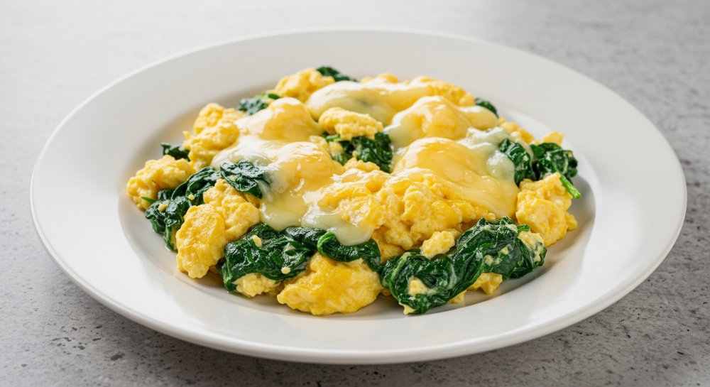 Huevos Revueltos con Espinaca y queso.