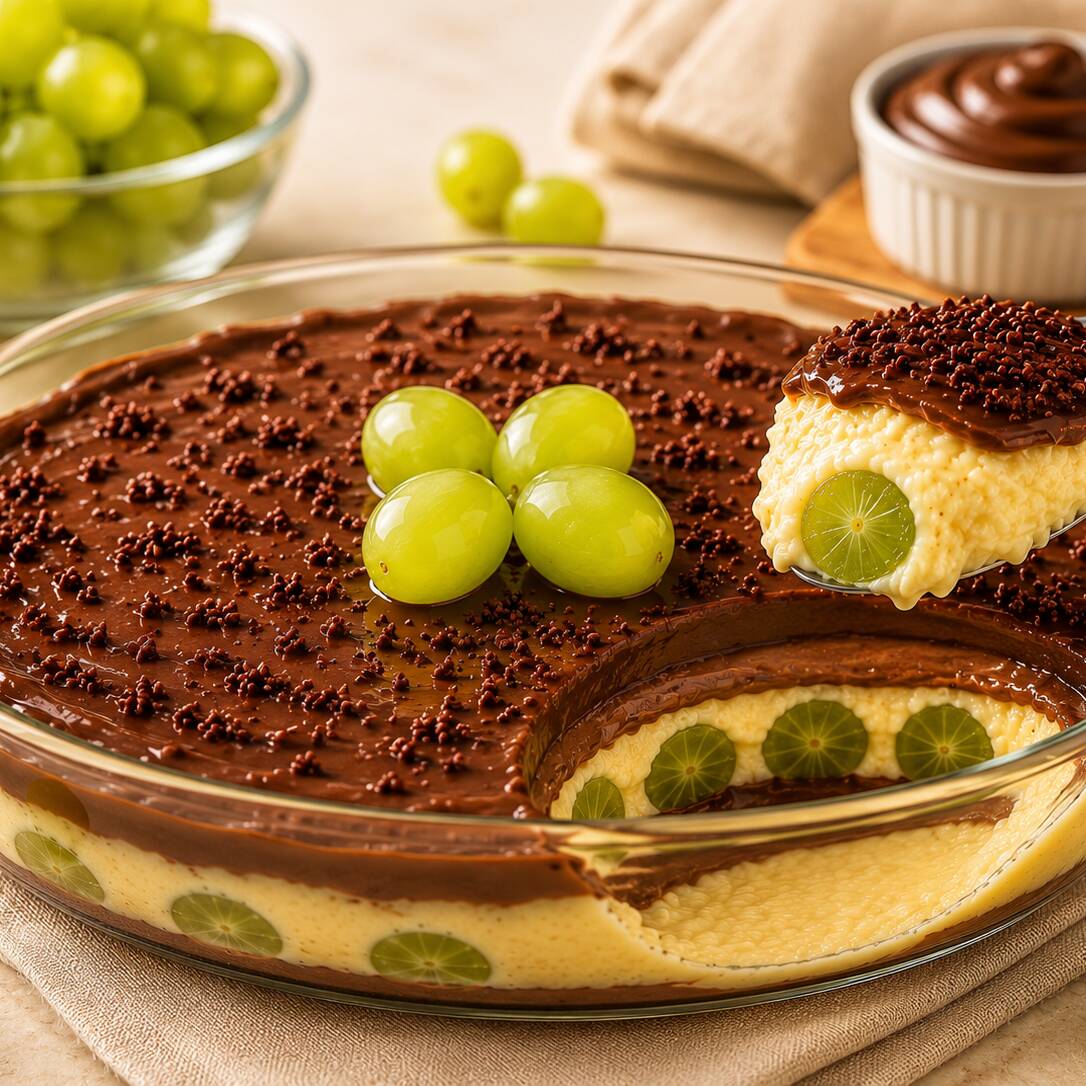 Nossa irresistível Surpresa de Uva preparada com creme de Ninho super cremoso, uvas verdes frescas, generosa camada de creme de avelã e um toque de granulado de chocolate. Uma sobremesa que conquista na primeira colherada!