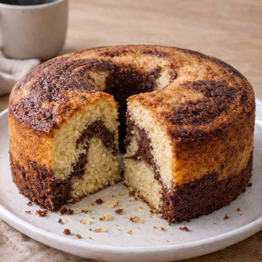 Bolo Mesclado Fofinho Com Massa Macia, Mistura Perfeita De Baunilha e Chocolate Que Derrete Na Boca. Clássico Irresistível Pro Café Da Manhã Ou Da Tarde.